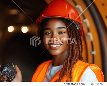 A young Black woman mining engineer, smiles confidently holding a rock sample, wearing a hard hat and safety vest 130328766