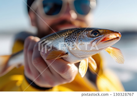 A man in yellow outerwear proudly displays a freshly caught speckled trout, a rewarding moment from a successful winter fishing trip 130328767