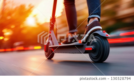 Person riding an electric scooter at sunset on a city street, enjoying a fast and sustainable urban commute 130328794
