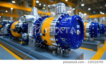 High-tech industrial machinery, featuring precision-engineered pumps with vibrant blue and yellow components, showcased in a modern factory setting 130328795