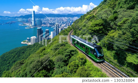A green electric train ascends a lush hillside overlooking a vibrant coastal city 130328804