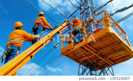 Three linemen work on high-voltage power lines using a bucket truck lift 130328807