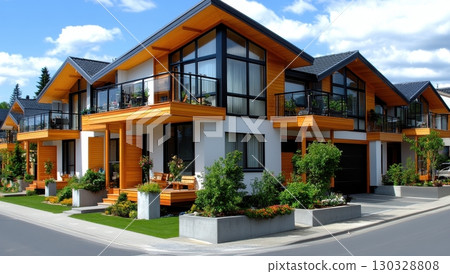 Luxurious modern townhouses with wooden accents and spacious balconies boast stunning architecture 130328808