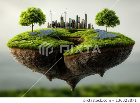 Floating island eco-city powered by renewable energy, showcasing sustainable urban development 130328871