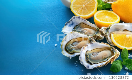Fresh oysters on the half shell are arranged with lemon slices and fresh herbs on a blue background 130328872