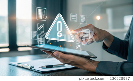 Hands holding tablet showing holographic warning sign with digital icons, symbolizing alert and caution in technology use 130328927