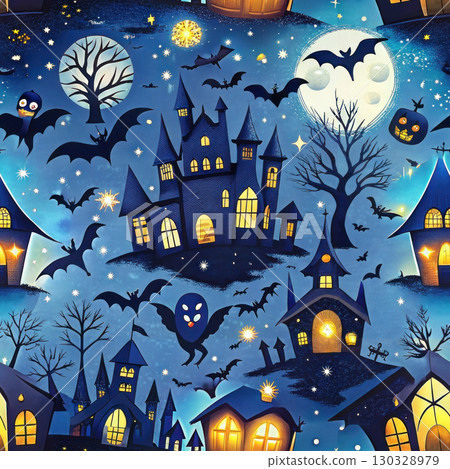 Halloween haunted house with bats flying under full moon and spooky trees in magical night sky filled with stars and glowing pumpkins 130328979