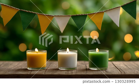 Three candles in glass holders on a wooden table. The candles are saffron, white, and green. A decorative bunting in matching colors hangs above them. India, Indian Independence Day. 130328995
