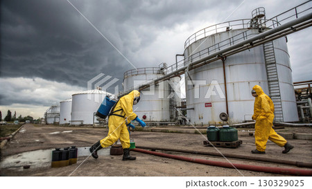 Workers in yellow hazmat suits inspect chemical plant with large storage tanks under stormy sky 130329025