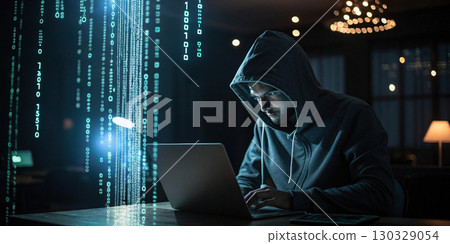 hooded hacker sitting in dimly lit room, surrounded by digital code 130329054