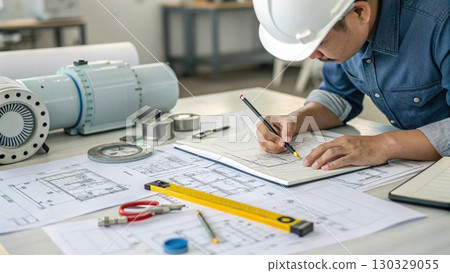 industrial engineer sketching new design for mechanical project with precision 130329055