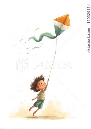 A young Indian boy with brown hair joyfully flies a kite. The kite features saffron, white, and green colors, symbolizing Indian Independence Day. 130329114