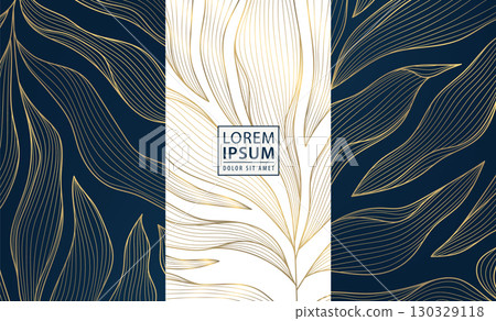 Vector set of abstract line gold leaf patterns, floral plant flower luxury cards, elegant covers and backgrounds. Modern wave fancy jungle graphic, package design, wine, perfume, cosmetic design. Vector set of abstract line gold leaf patterns, floral plant flower luxury cards, elegant covers and backgrounds. Modern wave fancy jungle graphic, package design, wine, perfume, cosmetic design. 130329118