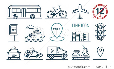City transport icons set including bus bicycle airplane ferry scooter car police van map pin lively design City transport icons set including bus bicycle airplane ferry scooter car police van map pin lively design 130329122