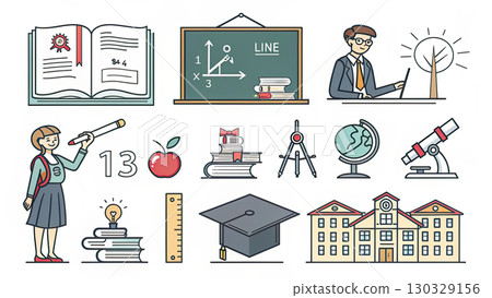 Student holding pencil smiling with school supplies and learning icons conveying curiosity and academic achievement Student holding pencil smiling with school supplies and learning icons conveying curiosity and academic achievement 130329156