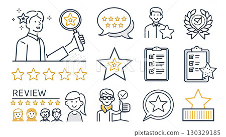 Person holding magnifying glass over star rating, customer review icons and checklist conveying feedback and quality assessment with positive 130329185