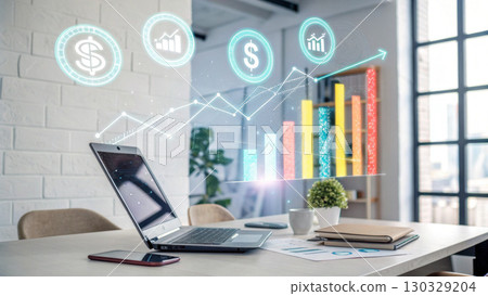 Modern office desk with laptop and rising colorful bar chart hologram conveying financial growth and upbeat productivity 130329204