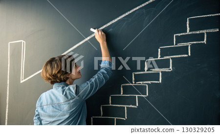 Young woman drawing upward arrow and staircase on chalkboard, hopeful expression and determination in classroom scene Young woman drawing upward arrow and staircase on chalkboard, hopeful expression and determination in classroom scene 130329205