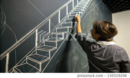 Woman drawing staircase on chalkboard with white chalk, creative concept and upward progress, thoughtful mood Woman drawing staircase on chalkboard with white chalk, creative concept and upward progress, thoughtful mood 130329206