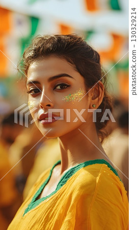 Young Indian woman with brown hair, wearing a yellow outfit, celebrating India Independence Day. Background features saffron, white, and green decorations. 130329214