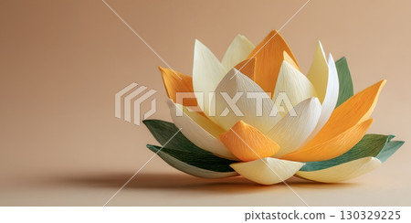 A decorative lotus flower with saffron, white, and green petals. The flower symbolizes purity and is often associated with Indian culture and Buddhism. 130329225