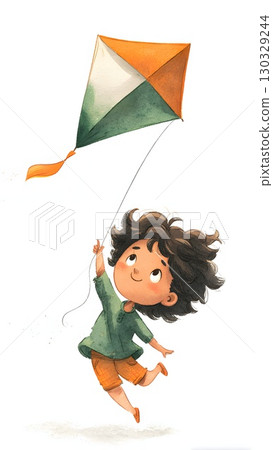 A young Indian boy with curly black hair joyfully flies a kite. The kite features saffron, white, and green colors, symbolizing Indian Independence Day. 130329244