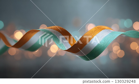 A wavy ribbon in saffron, white, and green colors representing the Indian flag. The background features soft bokeh lights, creating a festive atmosphere for Indian Independence Day. A wavy ribbon in saffron, white, and green colors representing the Indian flag. The background features soft bokeh lights, creating a festive atmosphere for Indian Independence Day. 130329248