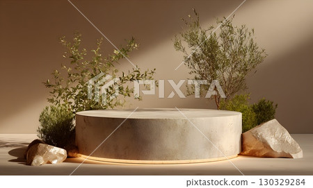 A round clay surface surrounded by small rocks and green plants. The background features a natural, earthy texture, creating an eco-friendly design aesthetic. 130329284