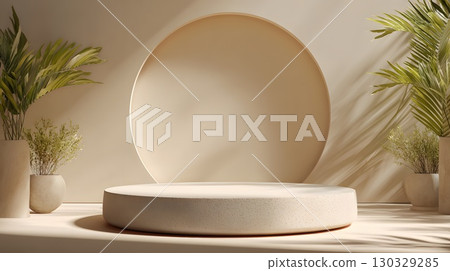 A minimalist display featuring a round clay platform against a soft beige wall. Green plants in simple pots add a natural touch to the eco-friendly design. 130329285
