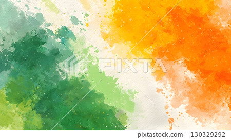 Abstract watercolor splashes in saffron, white, and green colors. Represents Indian Independence Day with vibrant hues symbolizing the national flag. 130329292