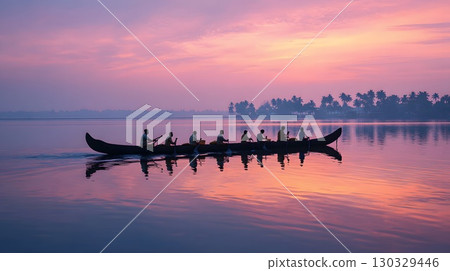 A traditional Vallam Kali boat race in Kerala, India. Eight rowers paddle in unison on a calm lake at sunset, surrounded by palm trees and a colorful sky. 130329446