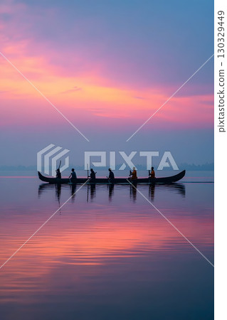 A group of six men in traditional boats paddling during Vallam Kali at sunset in Kerala, India. The sky is painted in shades of pink and purple, reflecting on the water. 130329449
