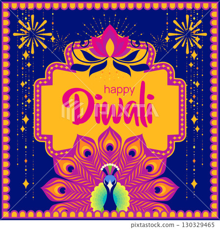 Peacock Lotus Frame Diwali Illustration 130329465