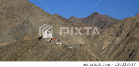 Tsemo Castle and Namgyal Tsemo Monastery seen from Shanti Stupa, Leh, India. 130329517