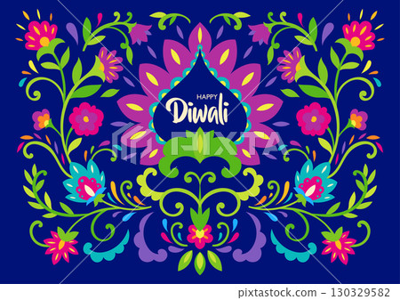 Colorful Floral Frame Diwali Illustration 130329582