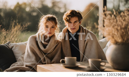 A young Caucasian woman with long hair and a young Caucasian man with medium-length hair sit together wrapped in blankets. They enjoy coffee in a cozy autumn countryside setting. 130329684