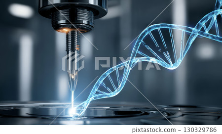 Blue DNA double helix with water molecule blue background. Human genetic research DNA, laboratory environment. Abstract image of human genetics, which glowing DNA strands merge with digital elements Blue DNA double helix with water molecule blue background. Human genetic research DNA, laboratory environment. Abstract image of human genetics, which glowing DNA strands merge with digital elements 130329786