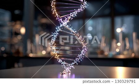 Blue DNA double helix with water molecule blue background. Human genetic research DNA, laboratory environment. Abstract image of human genetics, which glowing DNA strands merge with digital elements Blue DNA double helix with water molecule blue background. Human genetic research DNA, laboratory environment. Abstract image of human genetics, which glowing DNA strands merge with digital elements 130329791