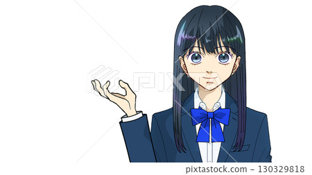 Anime-style illustration of a high school or junior high school girl explaining, guiding, or introducing, white background 130329818