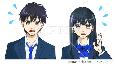 動漫風格的插圖，描繪了匆忙、驚訝、白色背景的男女高中生或初中生 130329820