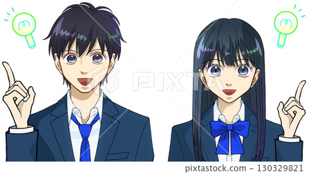我明白了，我有一個主意，高中或初中男孩和女孩的動漫風格插圖，白色背景 130329821