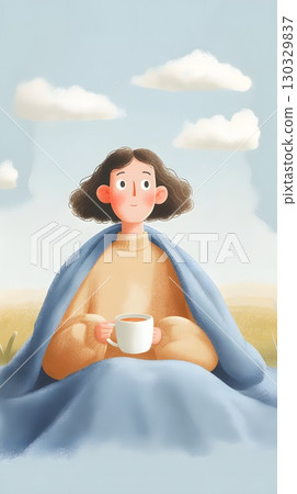 A young woman with curly brown hair sits wrapped in a blue blanket, holding a cup. The background features a serene autumn landscape with soft clouds. 130329837