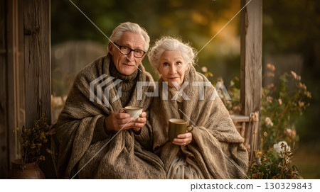 An elderly Caucasian couple sits together on a porch, wrapped in blankets, holding warm drinks. The scene captures the essence of autumn and comfort in the countryside. 130329843