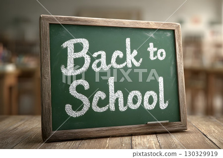 A chalkboard with the phrase 'Back to School' written in white chalk. The background features a blurred classroom setting with wooden desks. 130329919