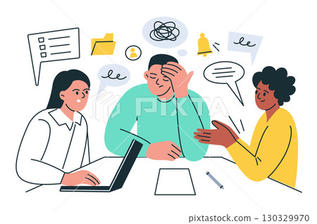 Flat cartoon vector illustration, office scene with meeting fatigue, stressed worker holding head, colleagues discussing project, teamwork problems, burnout, characters in business communication 130329970