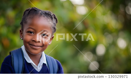 Smiling young African girl with braided hair, wearing a blue sweater and backpack, ready for back to school. Green foliage in the background. Smiling young African girl with braided hair, wearing a blue sweater and backpack, ready for back to school. Green foliage in the background. 130329971