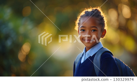 Smiling young African boy with braided hair, wearing a school uniform and backpack, stands outdoors in a sunny environment, ready for back to school. 130329974