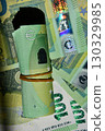 Euro banknote cash bundle shown on top of other euros and currency representation in EU financial landscape 130329985