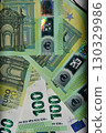 Euro banknote display featuring detailed spectrum design and various denominations stacked together on flat surface 130329986