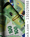 Euro banknotes displayed on surface, showcasing variety in EU currency with focus on rolled 100 euro note alongside cash spectrum 130329988